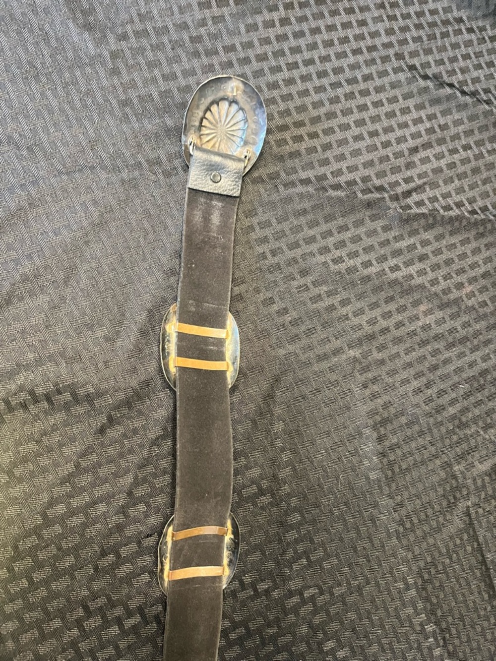 Navajo Vintage Black Leather Belt with 3 Sterling SilverTurquoise-Accent conchos - Picture 7 of 10